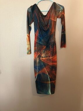 Farai London Multicolor Abstract Cowl-Neck Long Sleeve Dress